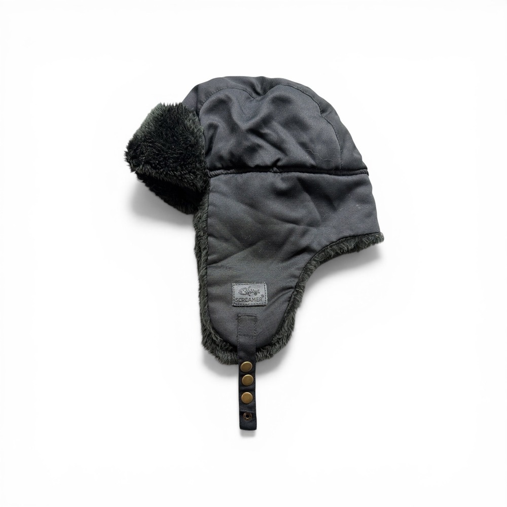 Screamer Black Trapper Hat Faux Fur Lined Aviator Ushanka Winter Cap Snap Strap